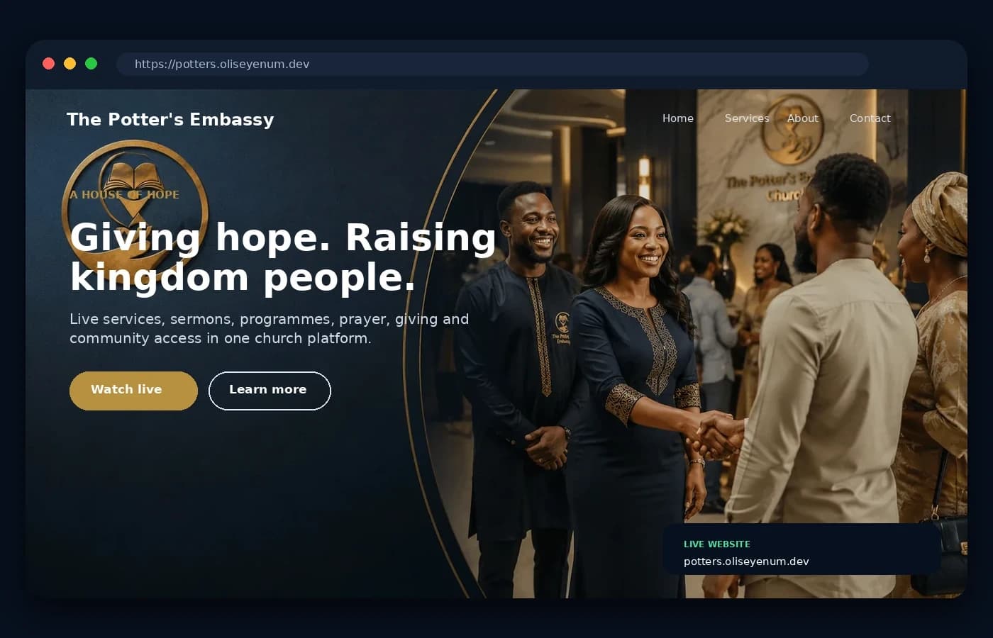The Potter's Embassy Website interface preview