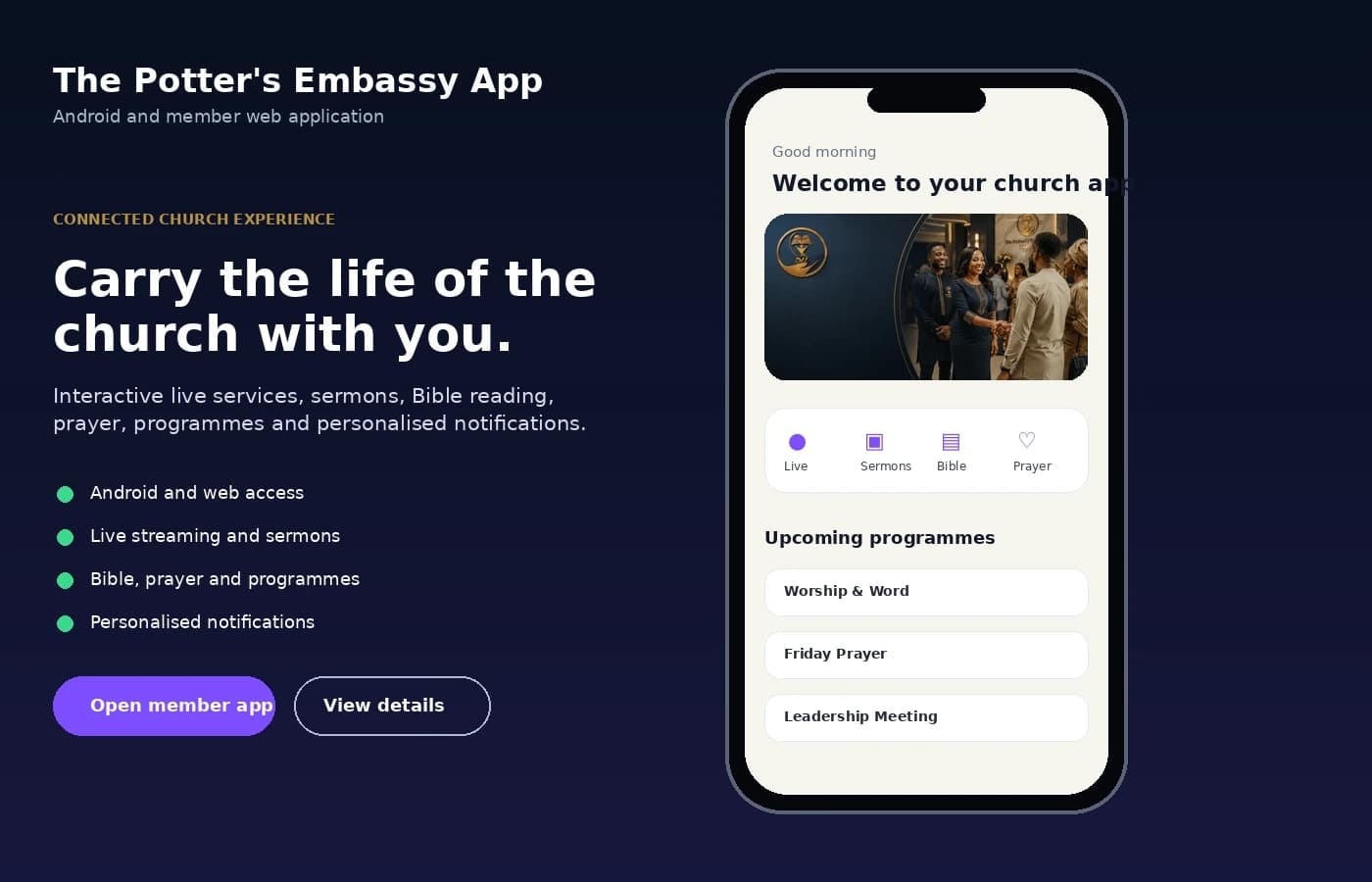 The Potter's Embassy App interface preview